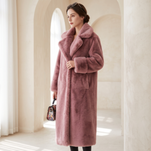 Glamorous woman wearing a long plush faux rabbit fur coat with turn down collar
