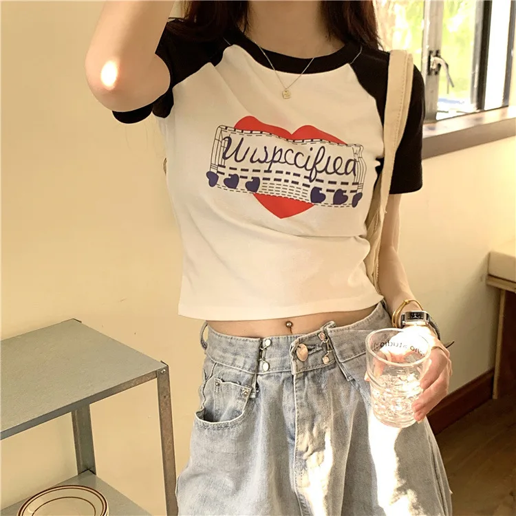 American Vintage Print Summer Crop Tops Casual Female Korean Y2K Streetwear Tees Patchwork All-match Cool T Shirts for Women