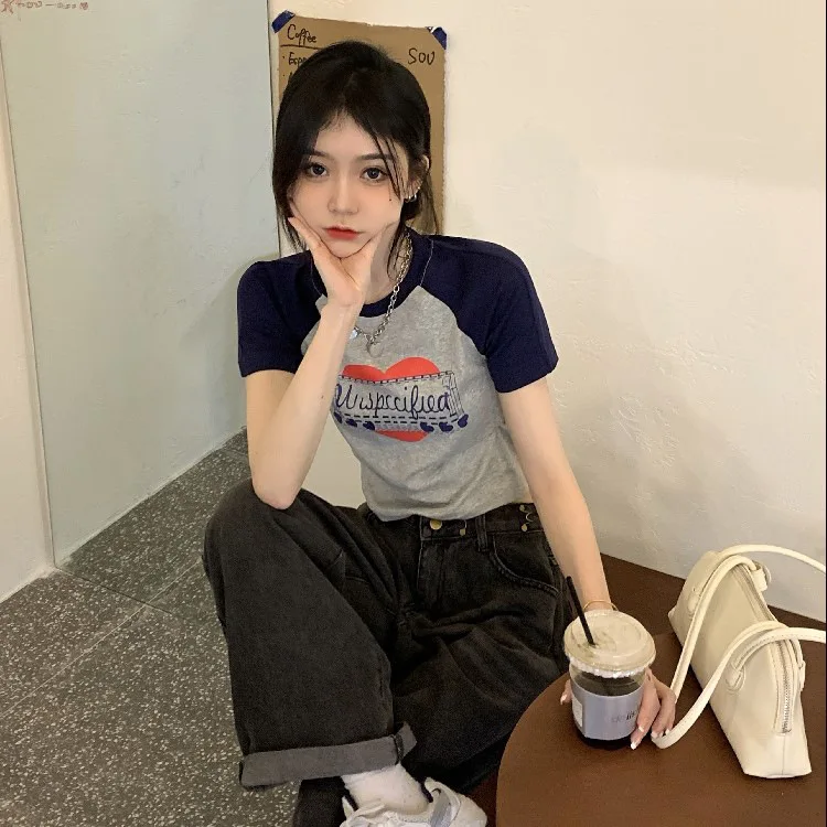 American Vintage Print Summer Crop Tops Casual Female Korean Y2K Streetwear Tees Patchwork All-match Cool T Shirts for Women