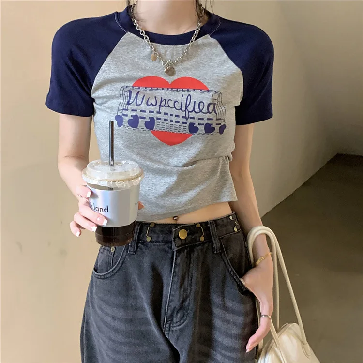 American Vintage Print Summer Crop Tops Casual Female Korean Y2K Streetwear Tees Patchwork All-match Cool T Shirts for Women