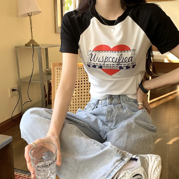 American Vintage Print Summer Crop Tops Casual Female Korean Y2K Streetwear Tees Patchwork All-match Cool T Shirts for Women