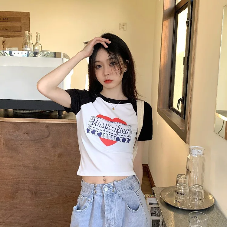 American Vintage Print Summer Crop Tops Casual Female Korean Y2K Streetwear Tees Patchwork All-match Cool T Shirts for Women