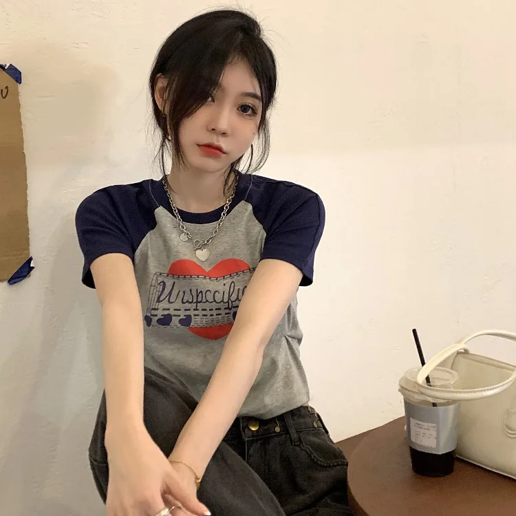 American Vintage Print Summer Crop Tops Casual Female Korean Y2K Streetwear Tees Patchwork All-match Cool T Shirts for Women