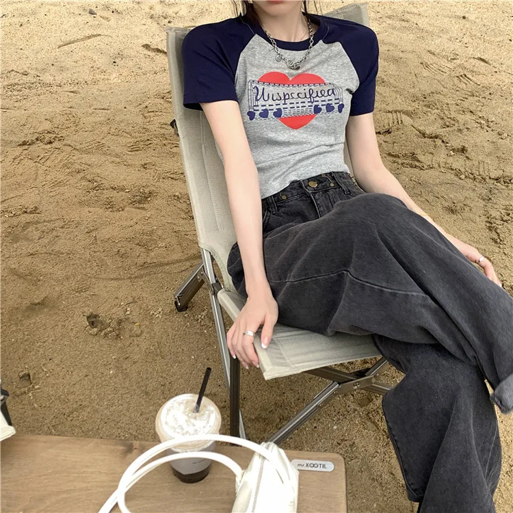 American Vintage Print Summer Crop Tops Casual Female Korean Y2K Streetwear Tees Patchwork All-match Cool T Shirts for Women