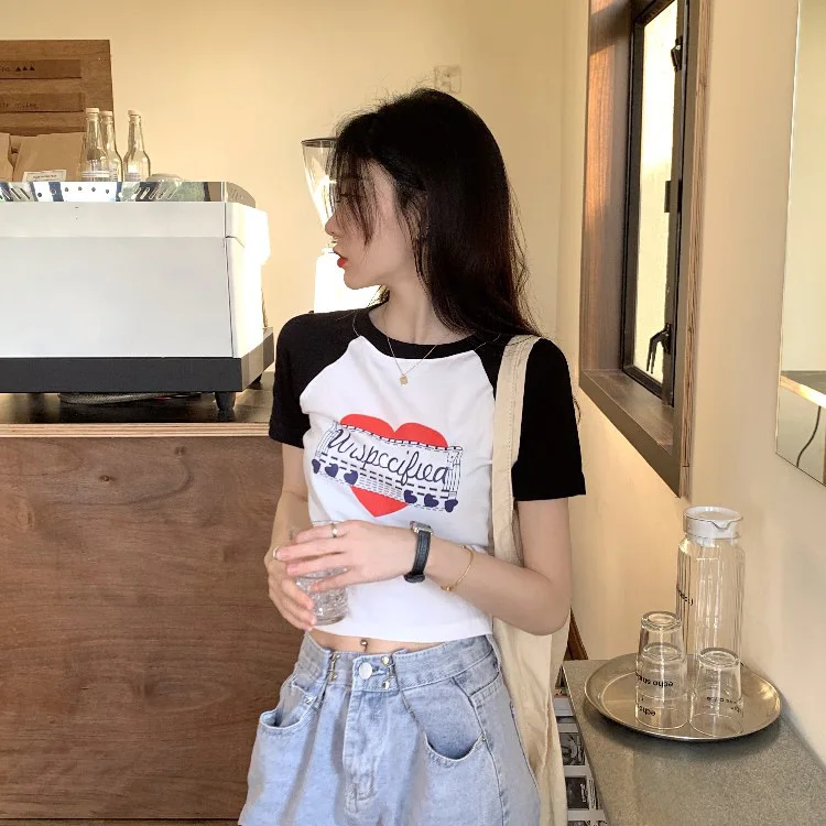 American Vintage Print Summer Crop Tops Casual Female Korean Y2K Streetwear Tees Patchwork All-match Cool T Shirts for Women