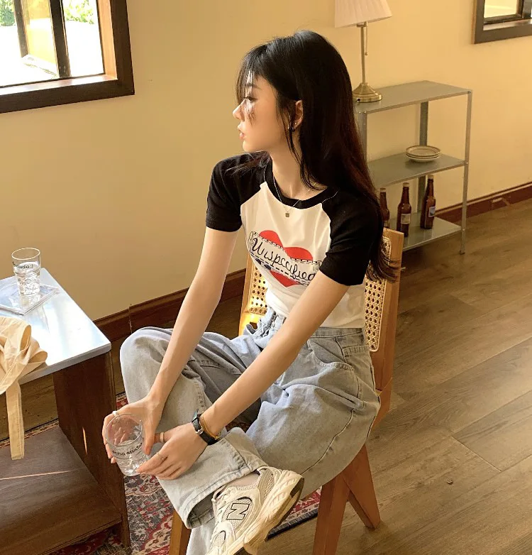American Vintage Print Summer Crop Tops Casual Female Korean Y2K Streetwear Tees Patchwork All-match Cool T Shirts for Women