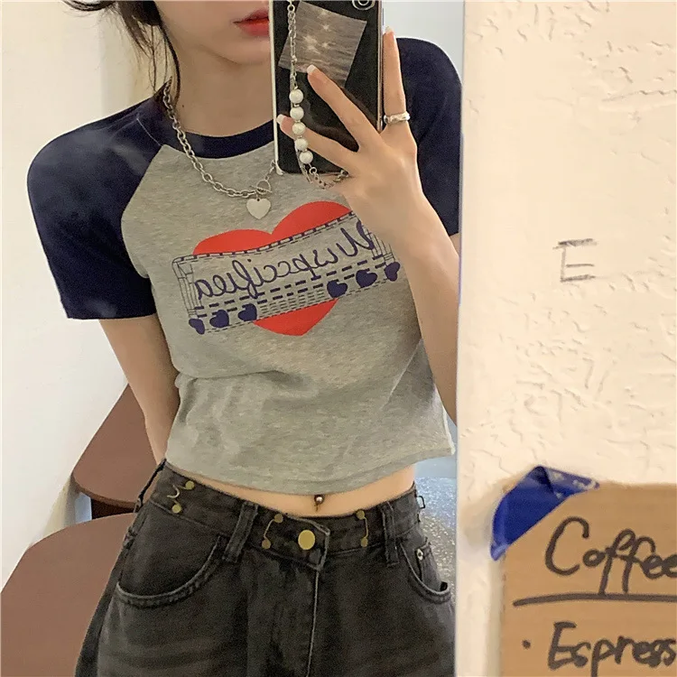 American Vintage Print Summer Crop Tops Casual Female Korean Y2K Streetwear Tees Patchwork All-match Cool T Shirts for Women