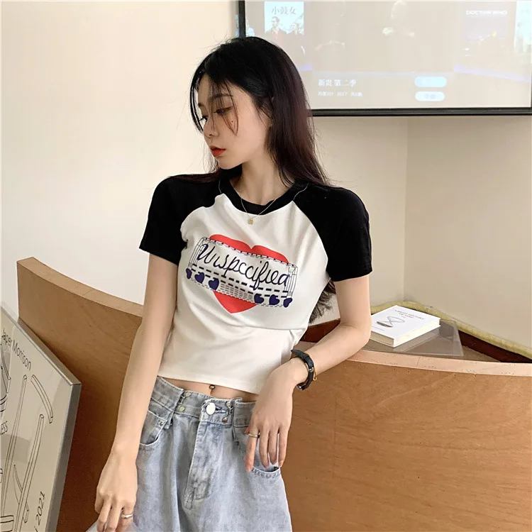 American Vintage Print Summer Crop Tops Casual Female Korean Y2K Streetwear Tees Patchwork All-match Cool T Shirts for Women
