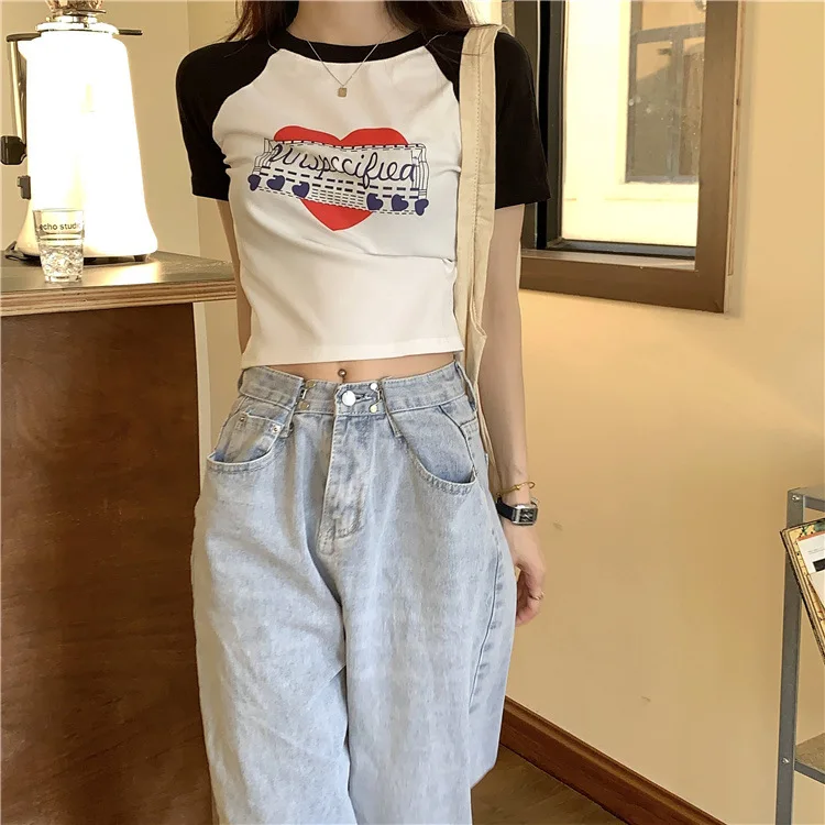 American Vintage Print Summer Crop Tops Casual Female Korean Y2K Streetwear Tees Patchwork All-match Cool T Shirts for Women