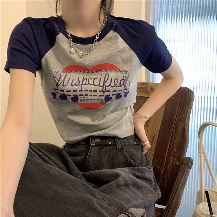 American Vintage Print Summer Crop Tops Casual Female Korean Y2K Streetwear Tees Patchwork All-match Cool T Shirts for Women