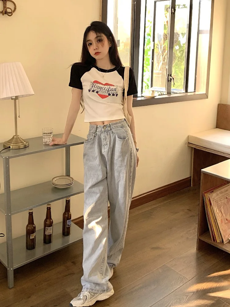 American Vintage Print Summer Crop Tops Casual Female Korean Y2K Streetwear Tees Patchwork All-match Cool T Shirts for Women