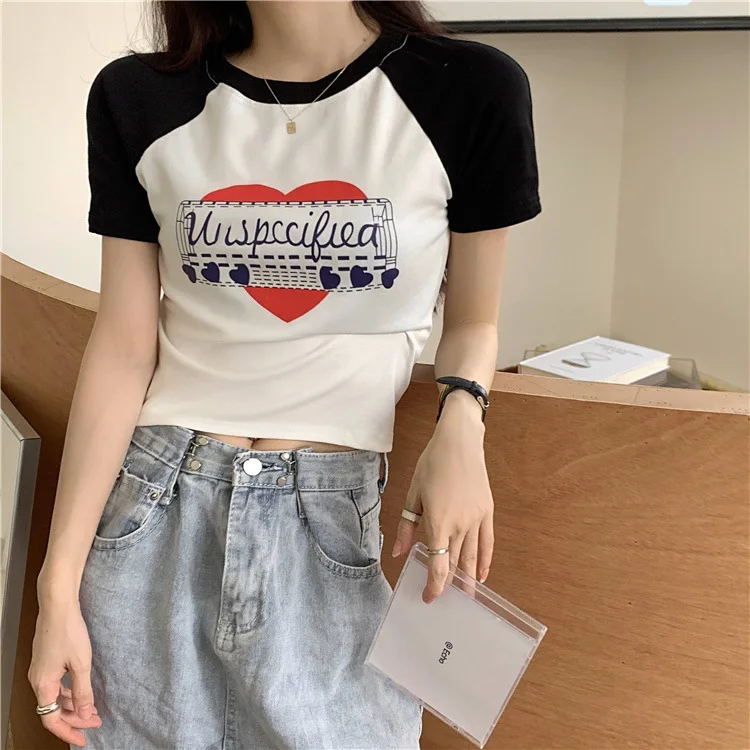 American Vintage Print Summer Crop Tops Casual Female Korean Y2K Streetwear Tees Patchwork All-match Cool T Shirts for Women