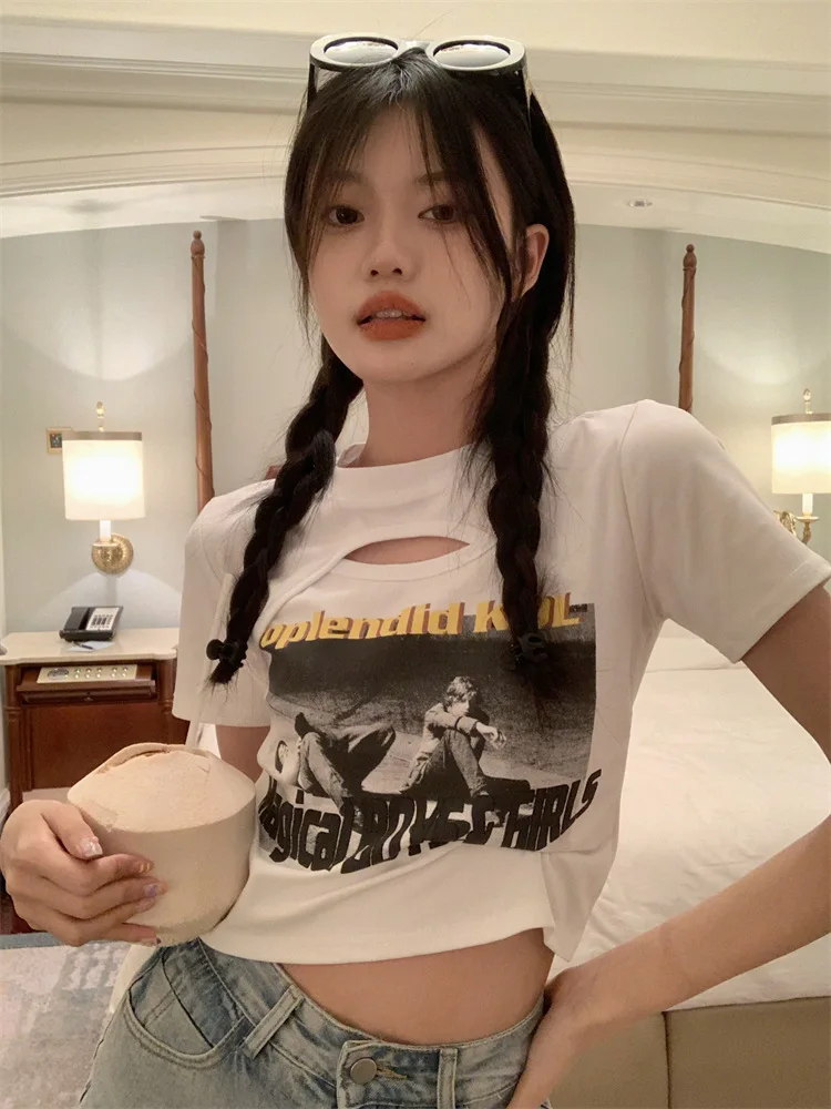 Hollow Out Crop Top Short Sleeve Crew Neck Vintage T-shirt Summer Fashion Tee for Women Y2K Sexy Top All-match Streetwear New