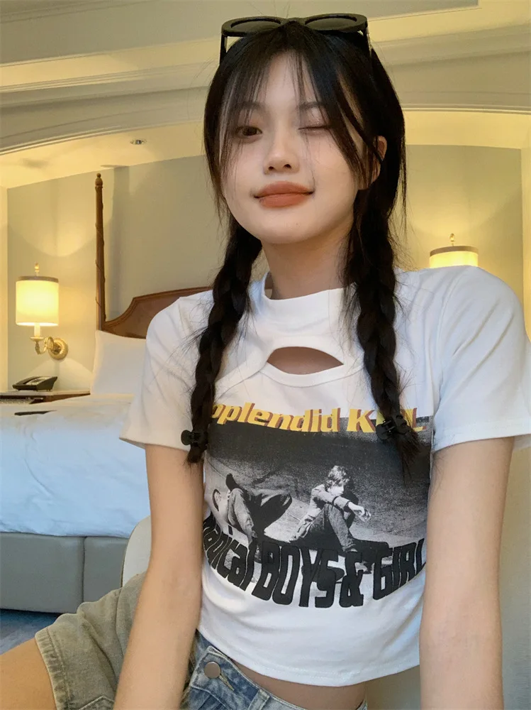 Hollow Out Crop Top Short Sleeve Crew Neck Vintage T-shirt Summer Fashion Tee for Women Y2K Sexy Top All-match Streetwear New