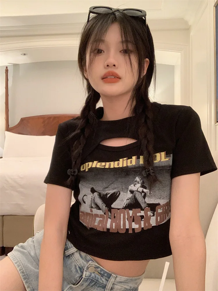 Hollow Out Crop Top Short Sleeve Crew Neck Vintage T-shirt Summer Fashion Tee for Women Y2K Sexy Top All-match Streetwear New