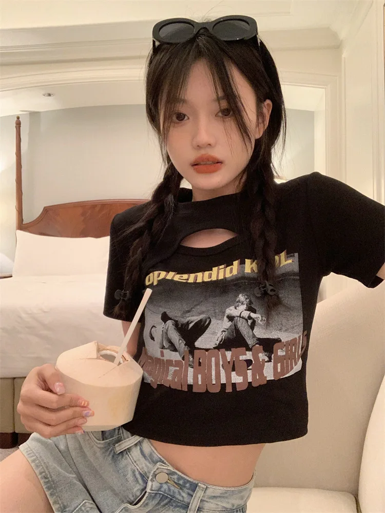 Hollow Out Crop Top Short Sleeve Crew Neck Vintage T-shirt Summer Fashion Tee for Women Y2K Sexy Top All-match Streetwear New