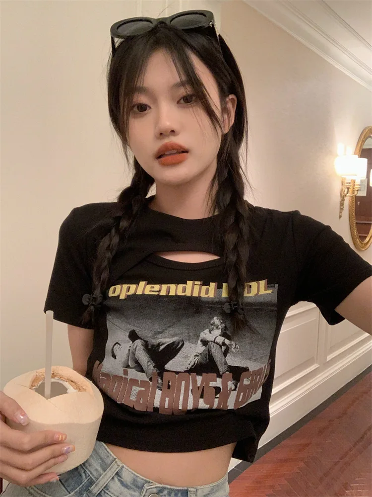 Hollow Out Crop Top Short Sleeve Crew Neck Vintage T-shirt Summer Fashion Tee for Women Y2K Sexy Top All-match Streetwear New