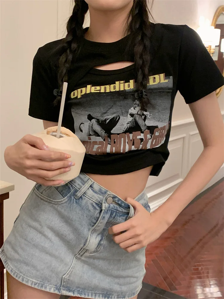 Hollow Out Crop Top Short Sleeve Crew Neck Vintage T-shirt Summer Fashion Tee for Women Y2K Sexy Top All-match Streetwear New