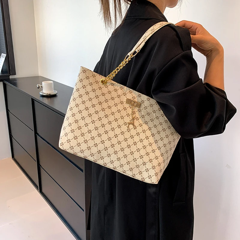 Monogram Soft Leather Tote Bag with Bag Charm Accessory