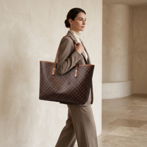 Model wearing a sleek minimalist pu leather tote bag carried over the shoulder in a city setting