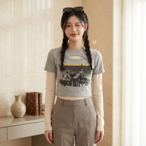 Y2K Cutout Crew Neck Hollow Out Crop Top